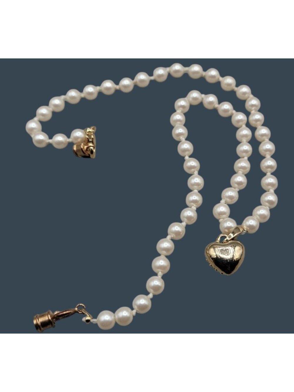 Faux Pearl Rhinestone Heart Pendant Necklace 17" Opalescent Hand Knotted Beads - Picture 8 of 10